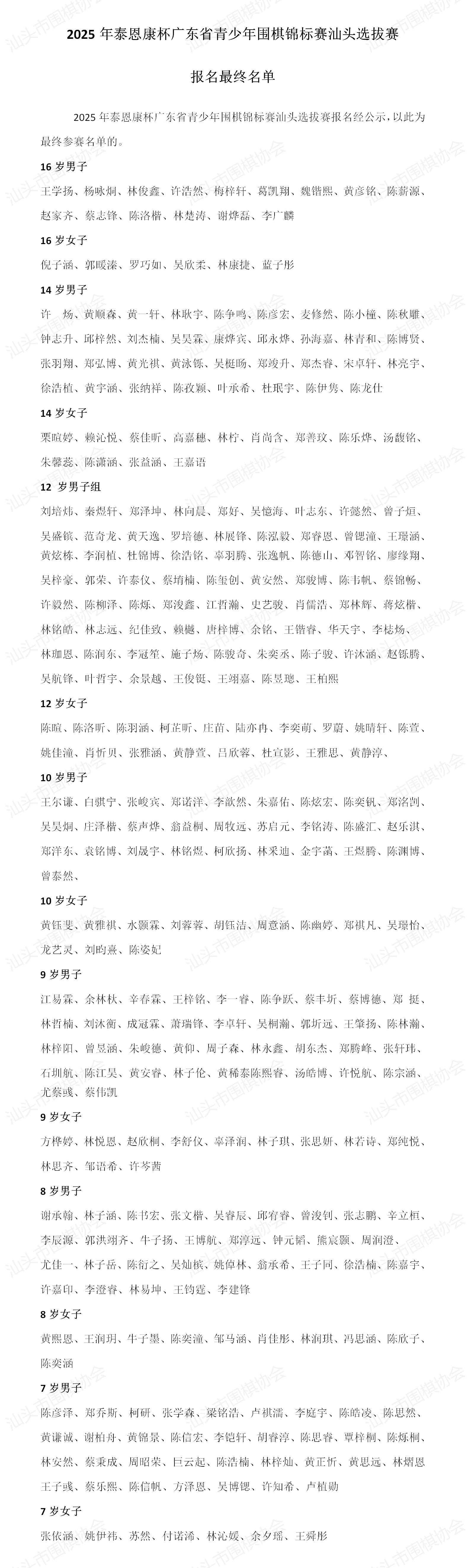  2025年泰恩康杯广东省青少年围棋锦标赛汕头选拔赛报名最终名单